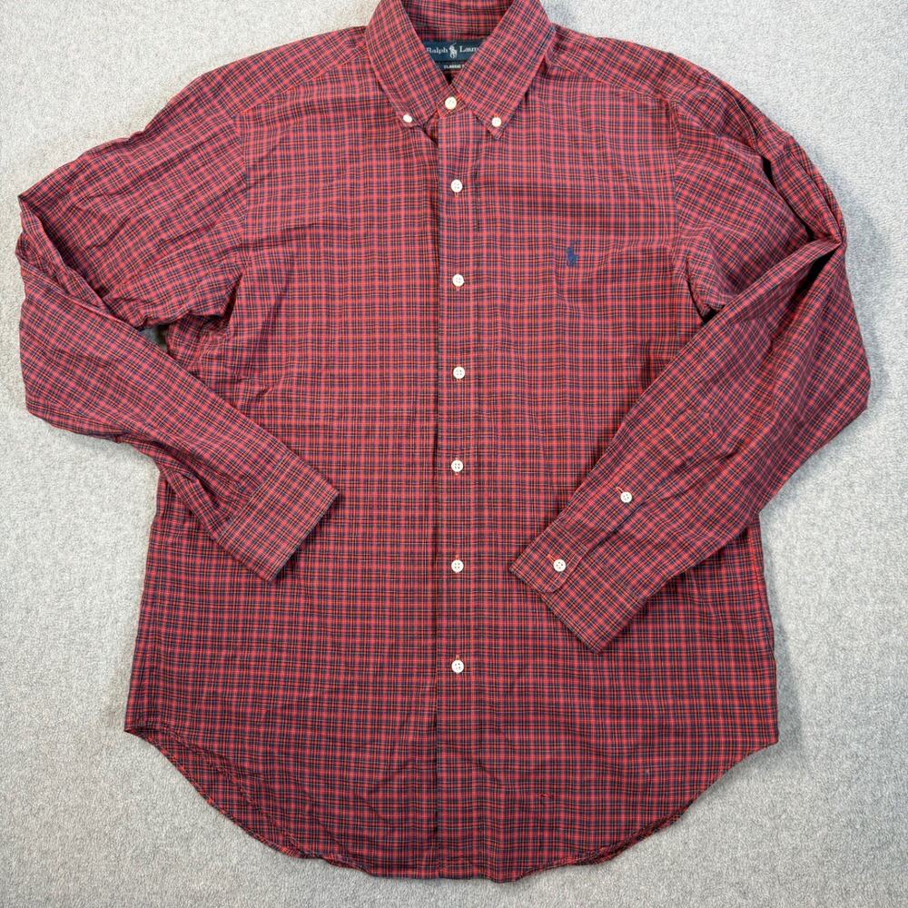 Ralph Lauren Men's M Classic Fit Red Navy Plaid Button Down Shirt Long Sleeve